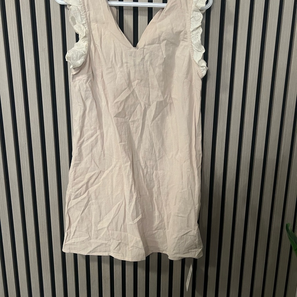 ‼️SOLD‼️ Beige V-Neck Eyelet Trim Mini Dress - Picture 5 of 6